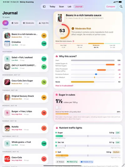 Skinny Scanning, iPad: Journal: history and compare