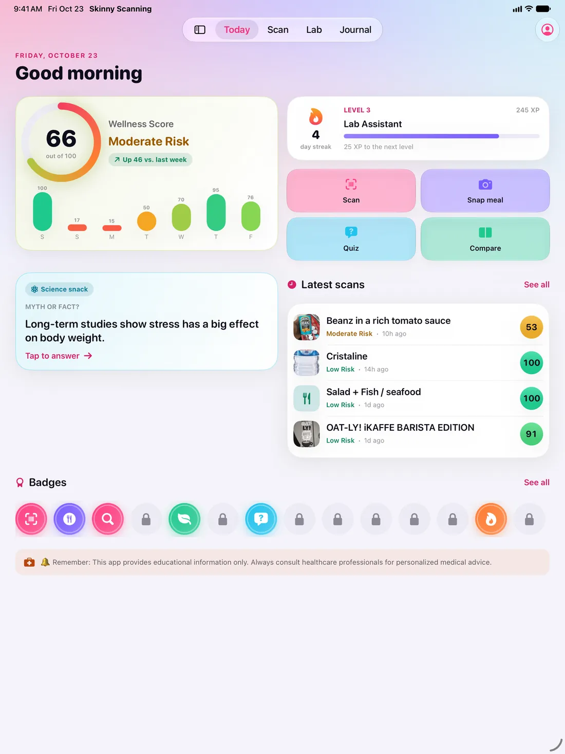 Skinny Scanning, iPad: Today: your seven-day score