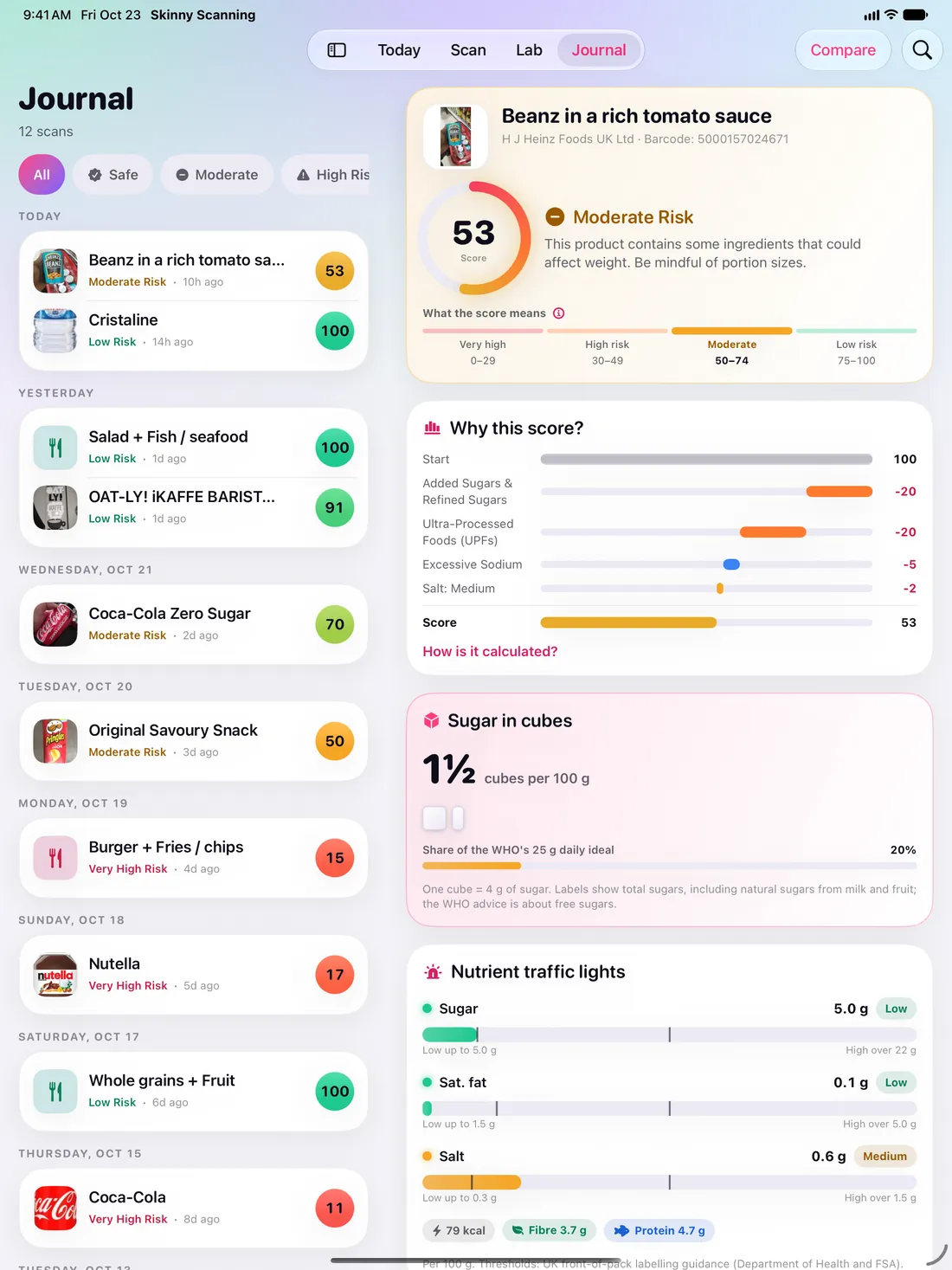 Skinny Scanning, iPad: Journal: history and compare